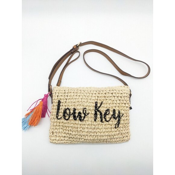INC tropical straw tasseled LOW KEY beach women's crossbody wristlet -Natural - Picture 2 of 8